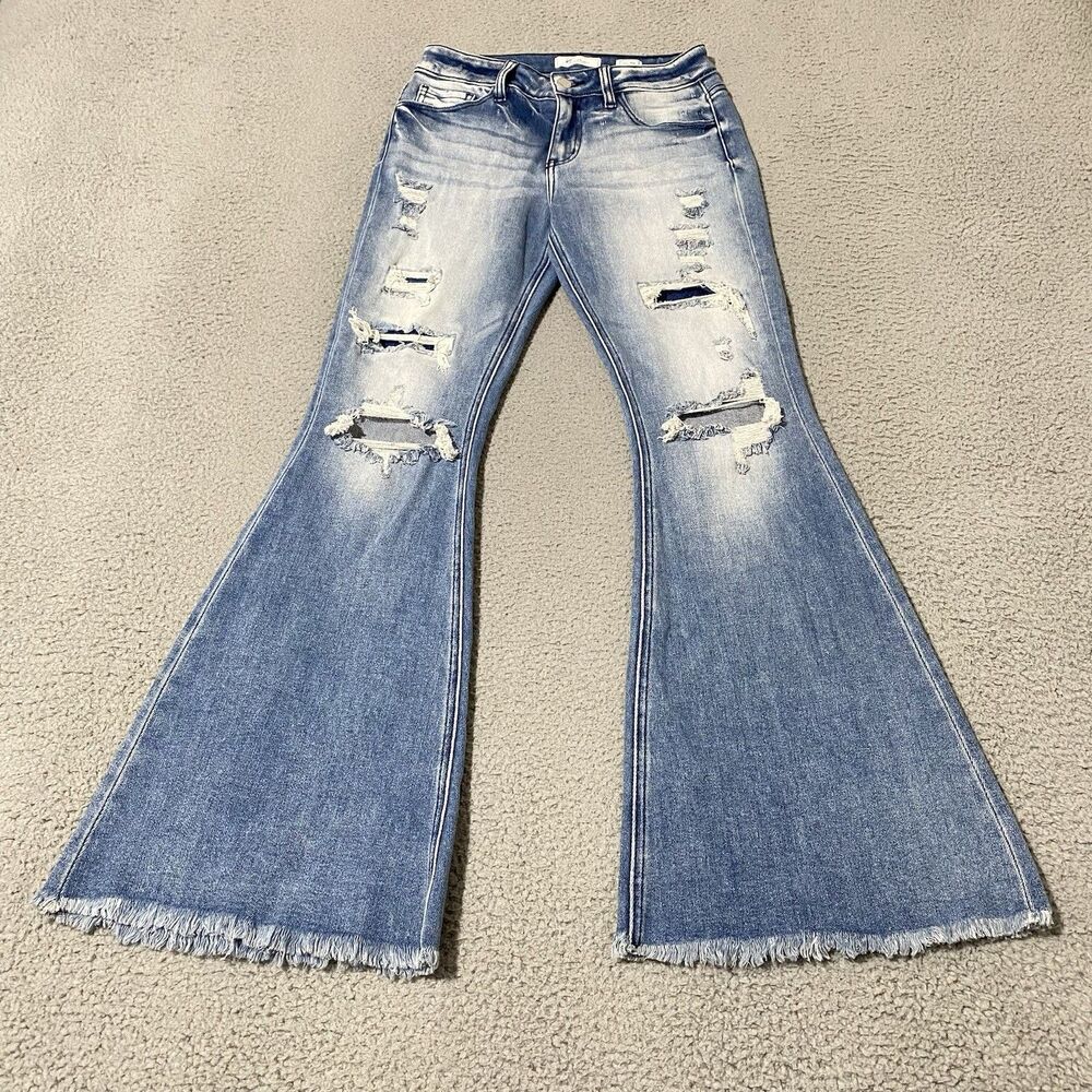 KanCan Super Flare Jeans Womens 26x31 Blue Mid Rise Raw Hem Distressed Boho Y2K